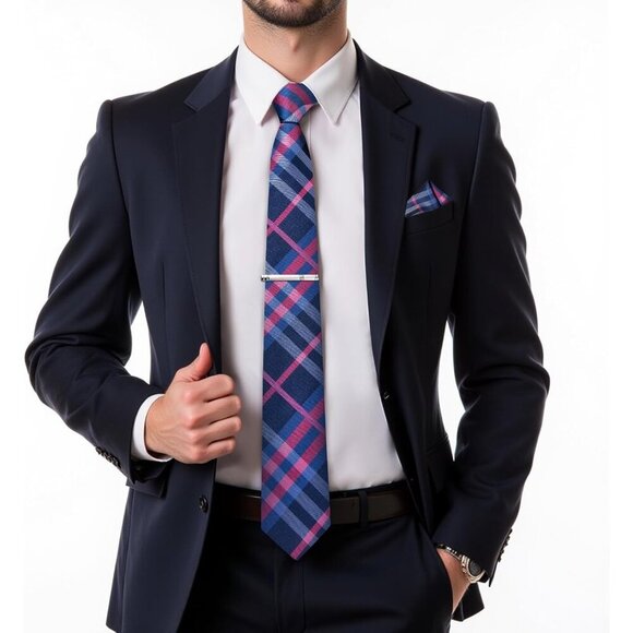 🆕Men Blue Plaid Silk Checkered Necktie Pocket Square Cufflinks Tie Clip Set - Picture 2 of 6